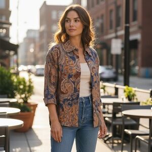 In the Wash Paisley Button Down Women's Shirt - Blue and Brown Large